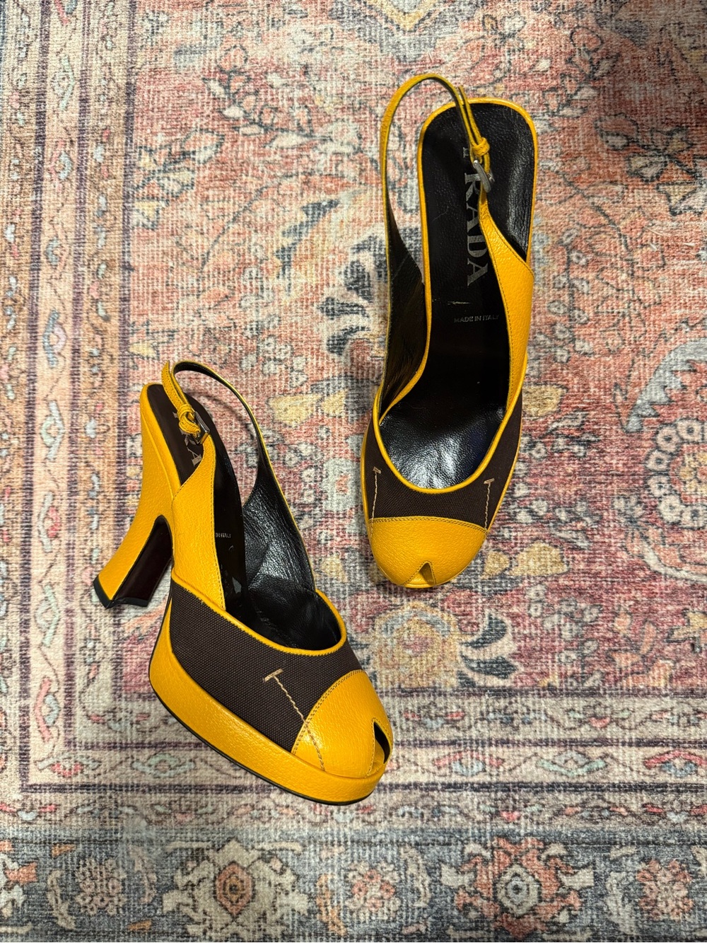 F/W 2000 Prada Yellow & Brown Slingback Peep-Toe Sandals